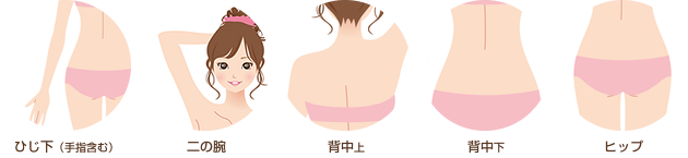 ひじ下(手指含む) 二の腕 背中上 背中下 ヒップ